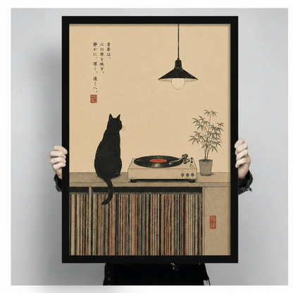 Person holding large framed black cat vinyl record player canvas print showing actual print size and Japanese calligraphy detail