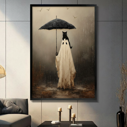 Ghost holding umbrella with black cat framed canvas art above dark console table with candles