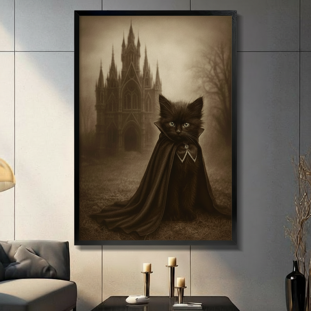 Framed canvas wall art of a black kitten wearing a dark vampire cape with gothic castle silhouette in sepia tones, displayed above a console table with candle holders in a modern living room