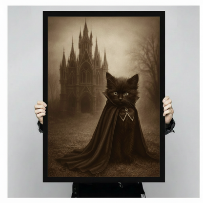 Close-up product shot of a framed black kitten vampire portrait print being held by hands, showcasing sepia vintage aesthetic with misty gothic castle and dramatic dark cape detail