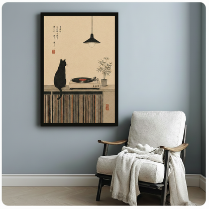 Black cat and record player Japanese ink art in black frame hanging above white accent chair on soft blue gray wall