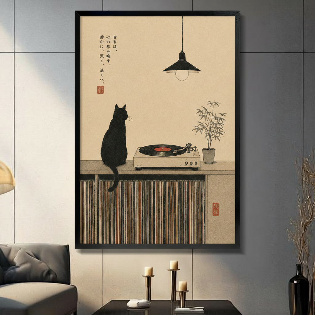 Japanese style black cat vinyl record player canvas wall art in black float frame displayed in modern living room with gray panel wall