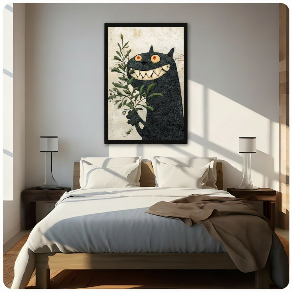 Framed black cat painting with glowing eyes hung above bed in bright minimalist bedroom, unique wall art decor