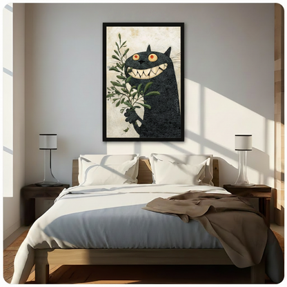 Framed black cat painting with glowing eyes hung above bed in bright minimalist bedroom, unique wall art decor