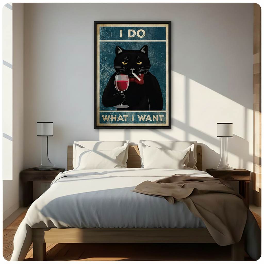 Black cat holding wine glass funny quote art print in black frame mounted above bed in bright minimalist bedroom