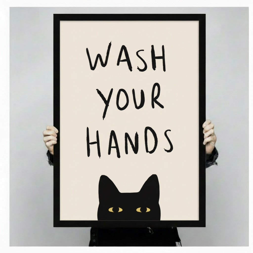 Hands holding large framed black cat wash your hands canvas print - full artwork view of peekaboo cat with yellow eyes and hand-lettered quote