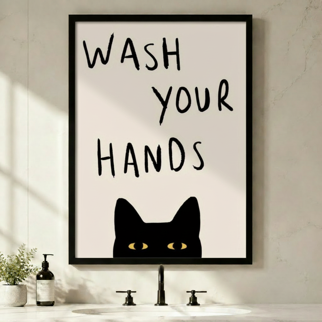 Funny black cat wash your hands framed wall art above minimalist white bathroom sink - humorous cat bathroom decor with bold hand-lettered typography