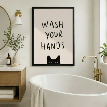Framed black cat wash your hands wall art beside freestanding soaking tub - minimalist cat bathroom print in Scandinavian-style spa bathroom