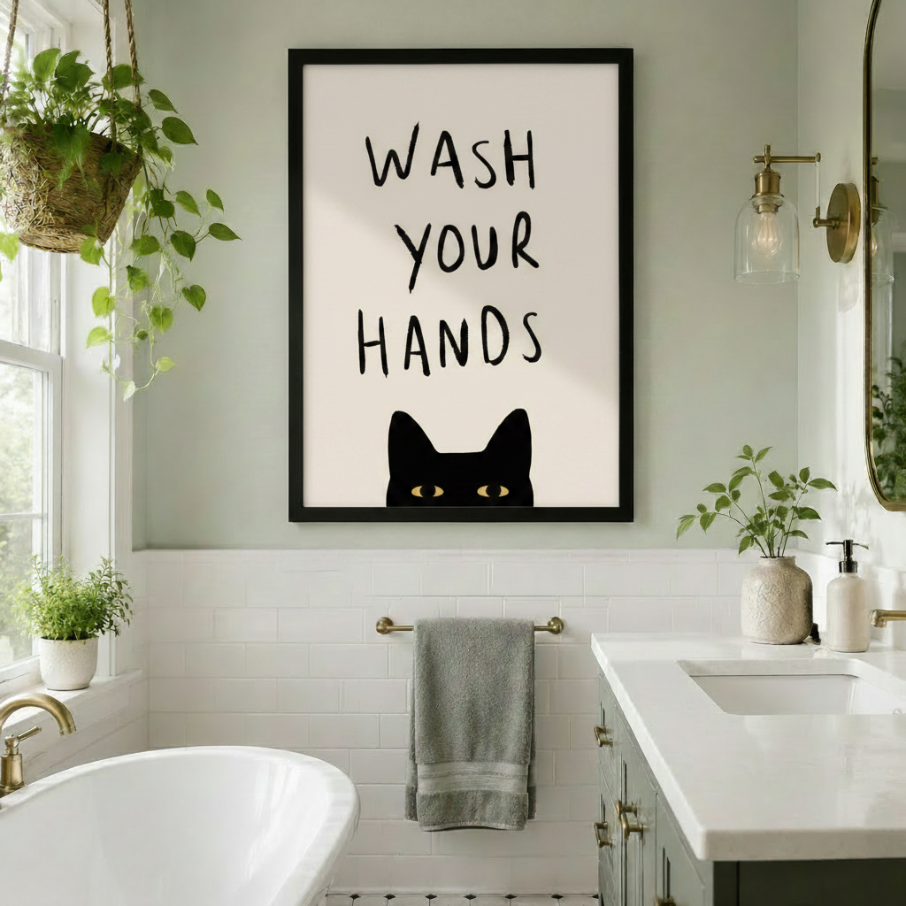 Black cat peekaboo wash your hands framed canvas in bright white tile bathroom with hanging plants and brass sconce - cat lover bathroom wall art