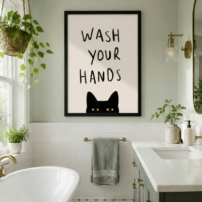 Black cat peekaboo wash your hands framed canvas in bright white tile bathroom with hanging plants and brass sconce - cat lover bathroom wall art