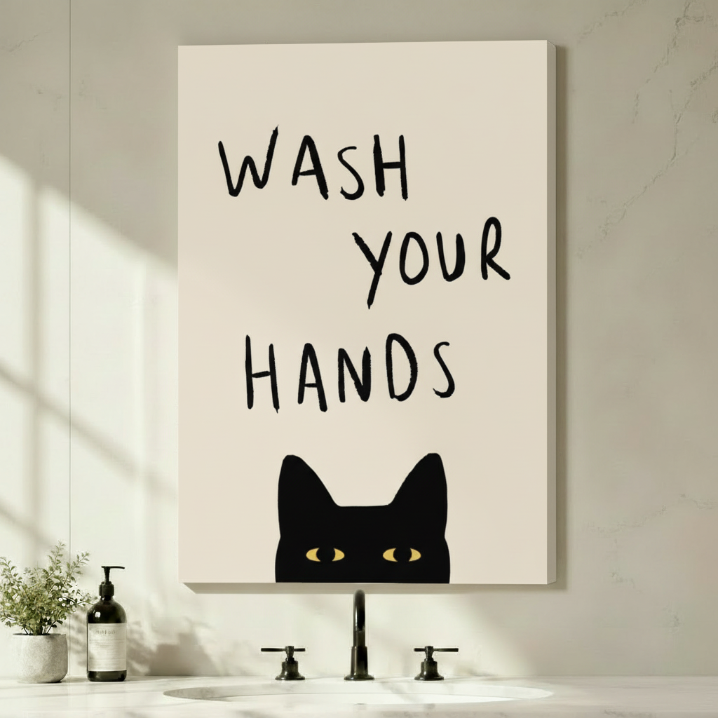 Unframed black cat wash your hands canvas print above bathroom vanity - peekaboo cat wall art with cream background for modern bathroom decor