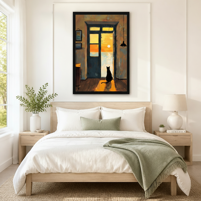 Framed black cat wall art of a silhouetted cat gazing at a golden ocean sunset through an open doorway, displayed above a neutral linen bed in a serene Scandinavian bedroom