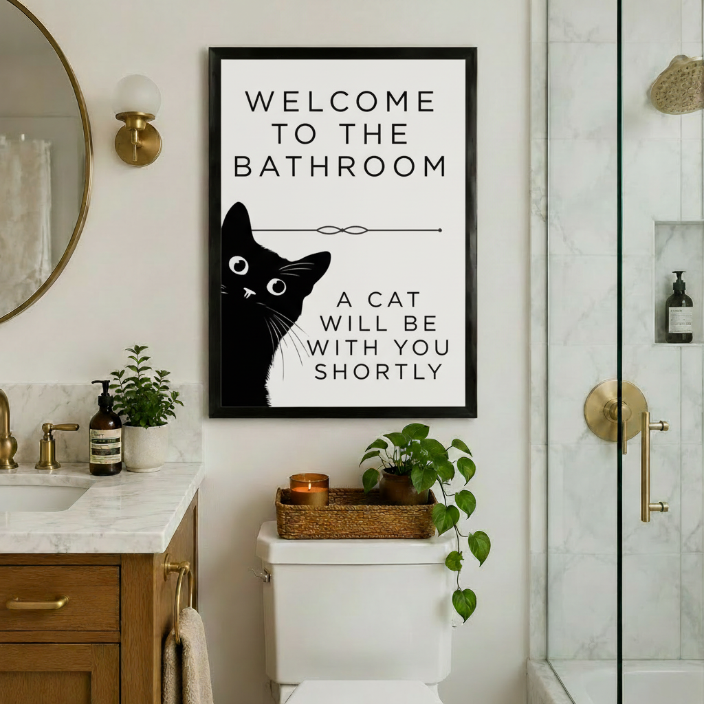 Witty black cat bathroom wall art in black frame hung above toilet in a stylish bathroom with gold fixtures, marble countertop, and trailing green plants