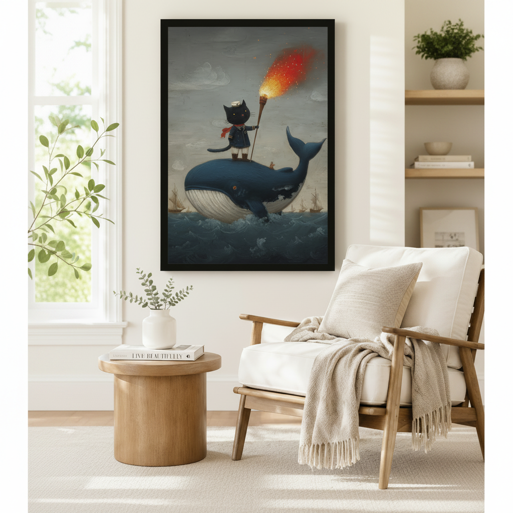 Large black framed fantasy sailor cat on blue whale wall art beside a white linen armchair with a fringed throw blanket, round wooden side table, and open shelving with greenery