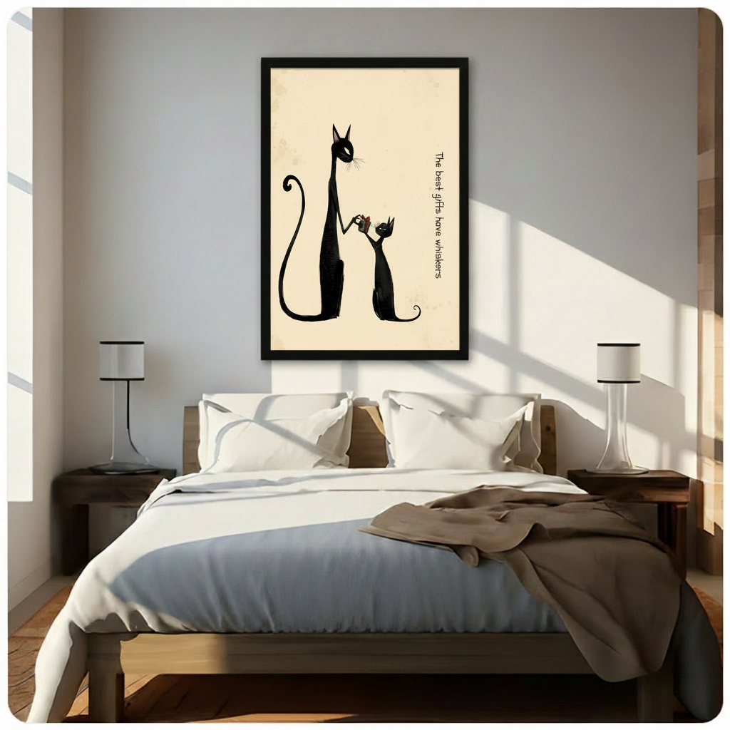 Framed black cat duo print above bed in minimalist bedroom – "The best gifts have whiskers" wall art