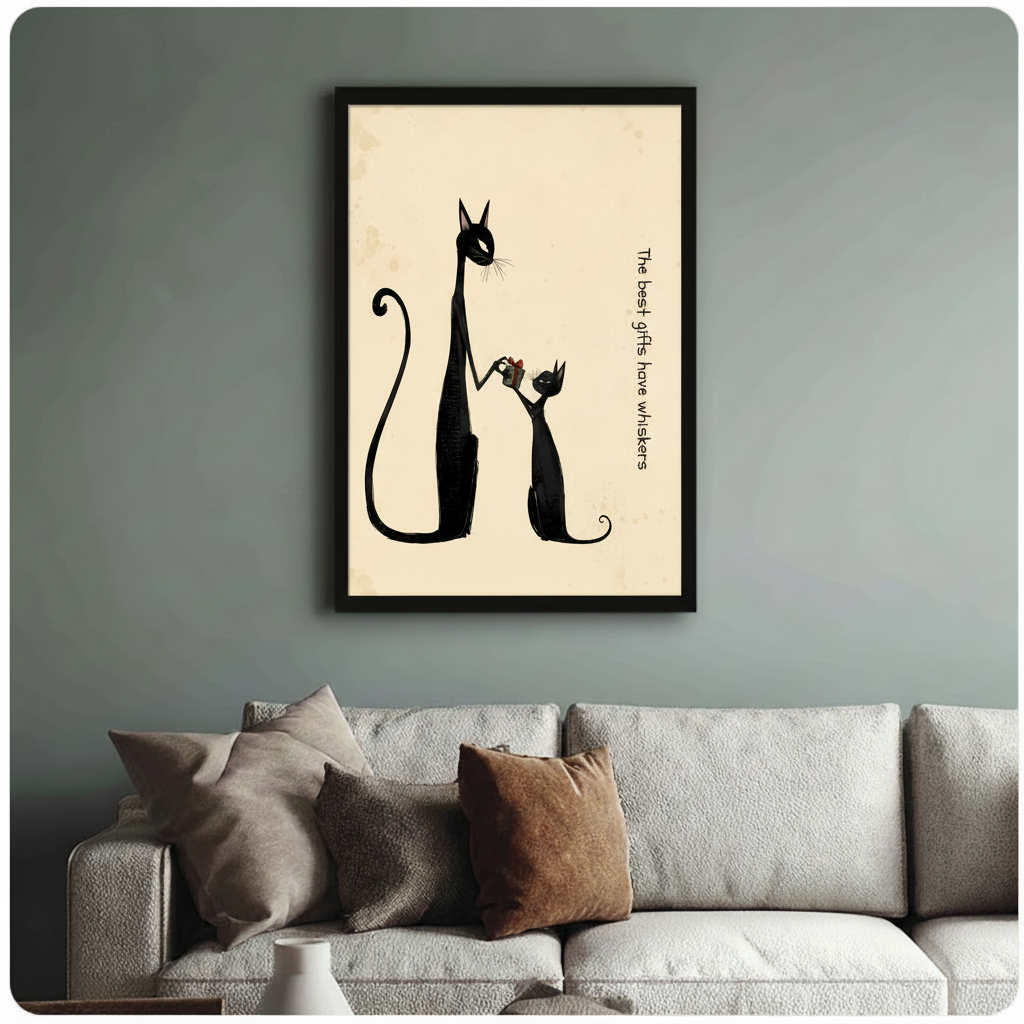 Framed black cat art print with whiskers quote hung above sofa on sage green wall – home décor