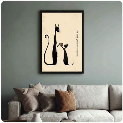 Framed black cat art print with whiskers quote hung above sofa on sage green wall – home décor