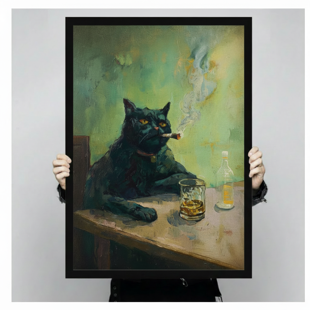 Hand-held framed black cat whiskey bar painting poster showing print size and black frame detail