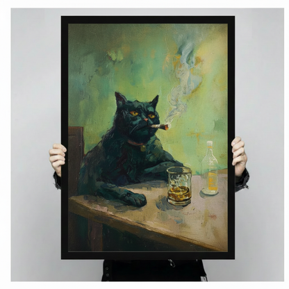Hand-held framed black cat whiskey bar painting poster showing print size and black frame detail