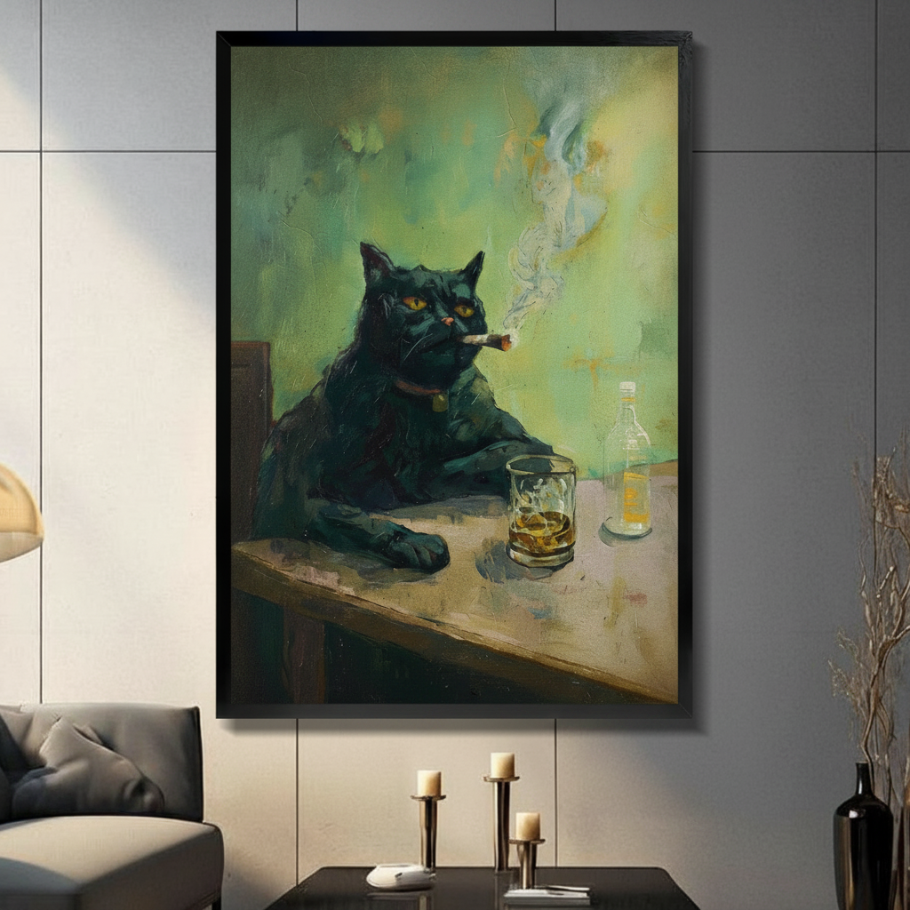 Framed black cat with whiskey and cigar gothic wall art canvas print displayed in moody living room