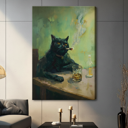 Gallery wrapped black cat smoking cigar with whiskey glass vintage oil painting style canvas art