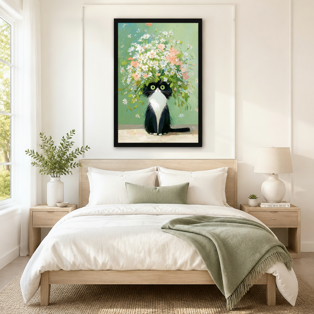 Black framed tuxedo cat with white and pink wildflower bouquet wall art displayed above a neutral linen bed in a serene Scandinavian bedroom