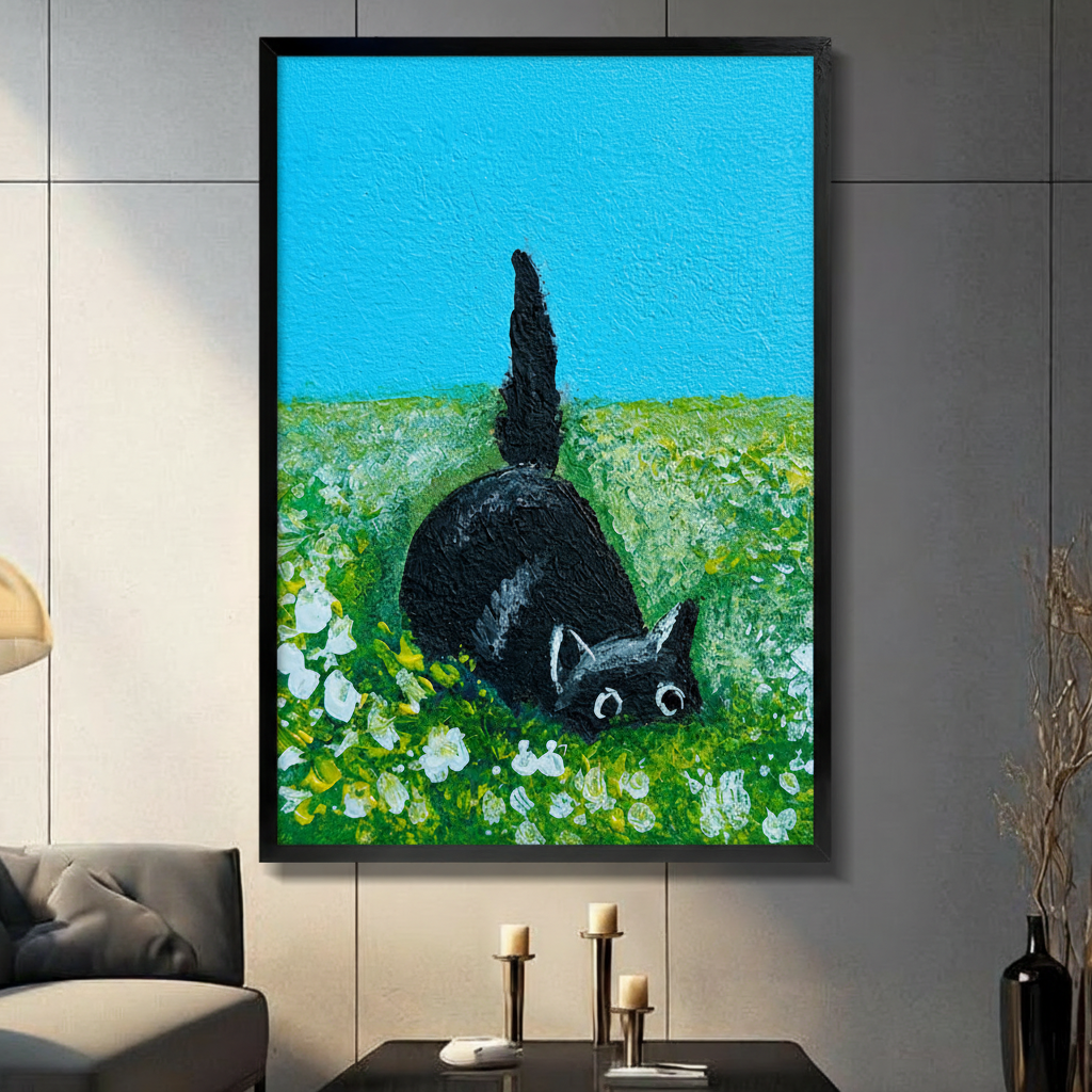 Black framed cat art print in contemporary living space — playful black cat in blooming meadow, pet lover gift