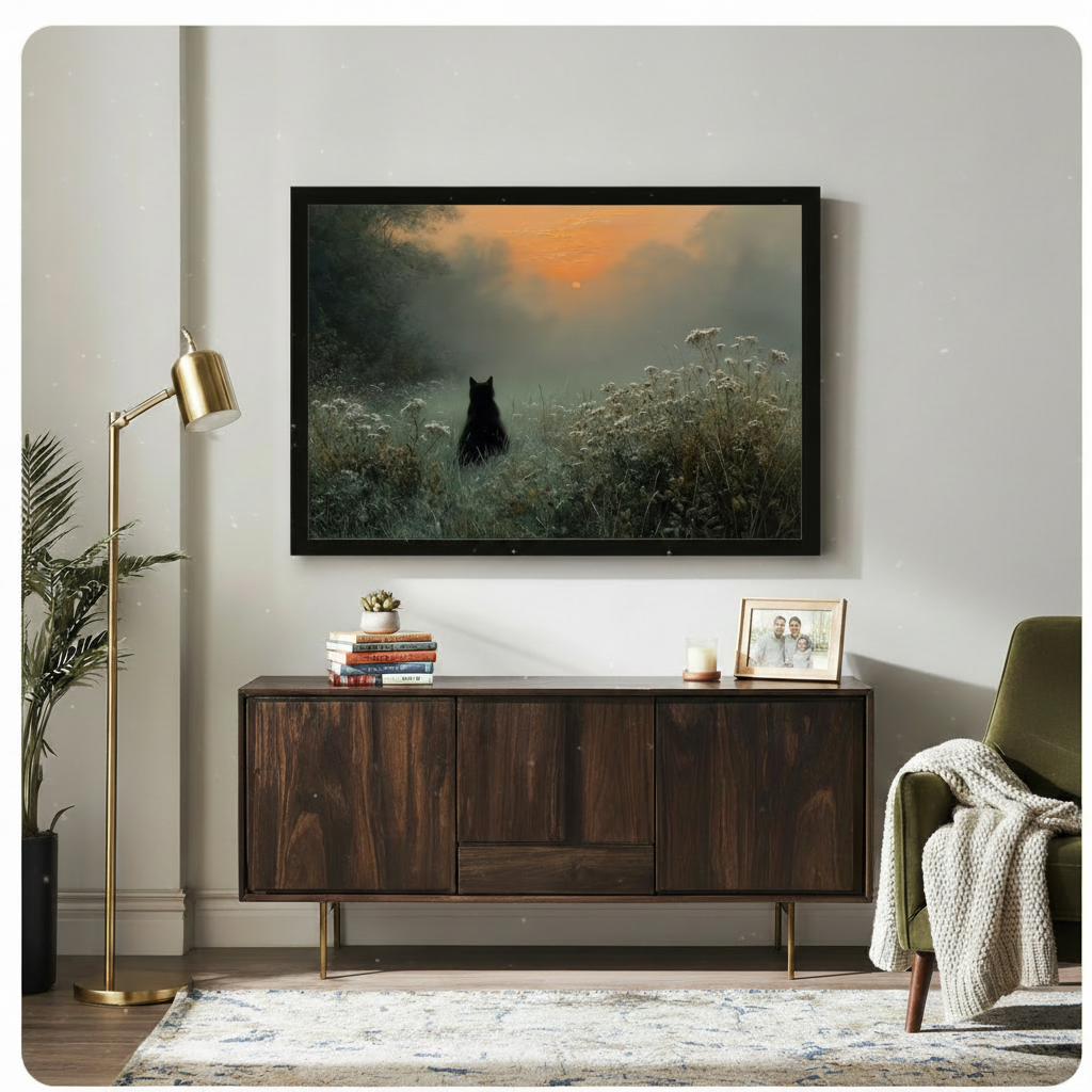 Large framed black cat wildflower meadow painting displayed above dark wood sideboard in mid-century modern living room