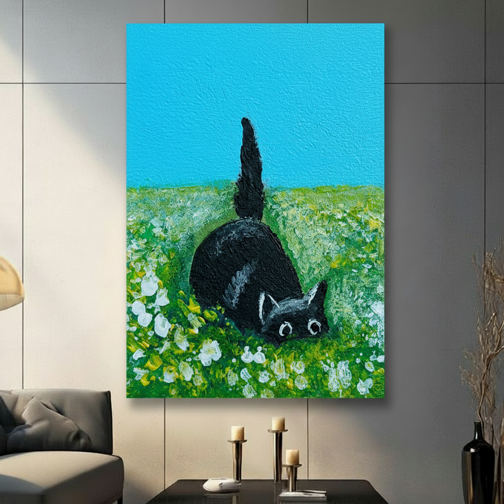 Large black cat canvas wall art without frame — expressive cat painting in turquoise and green, gallery wall decor