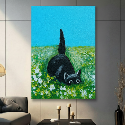 Large black cat canvas wall art without frame — expressive cat painting in turquoise and green, gallery wall decor