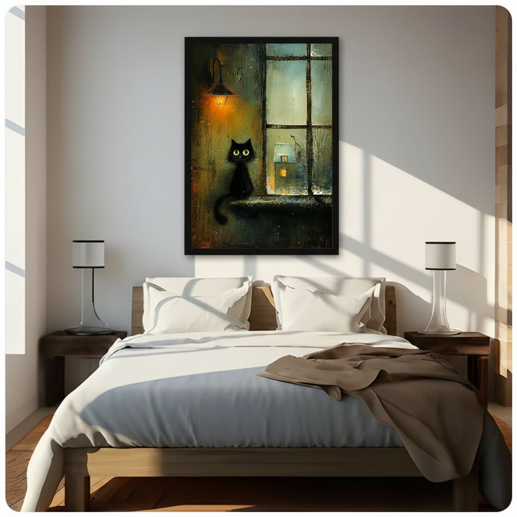 Large framed black cat rainy window lantern canvas wall art above wooden bed in sunlit minimalist bedroom with white bedding and matching bedside lamps