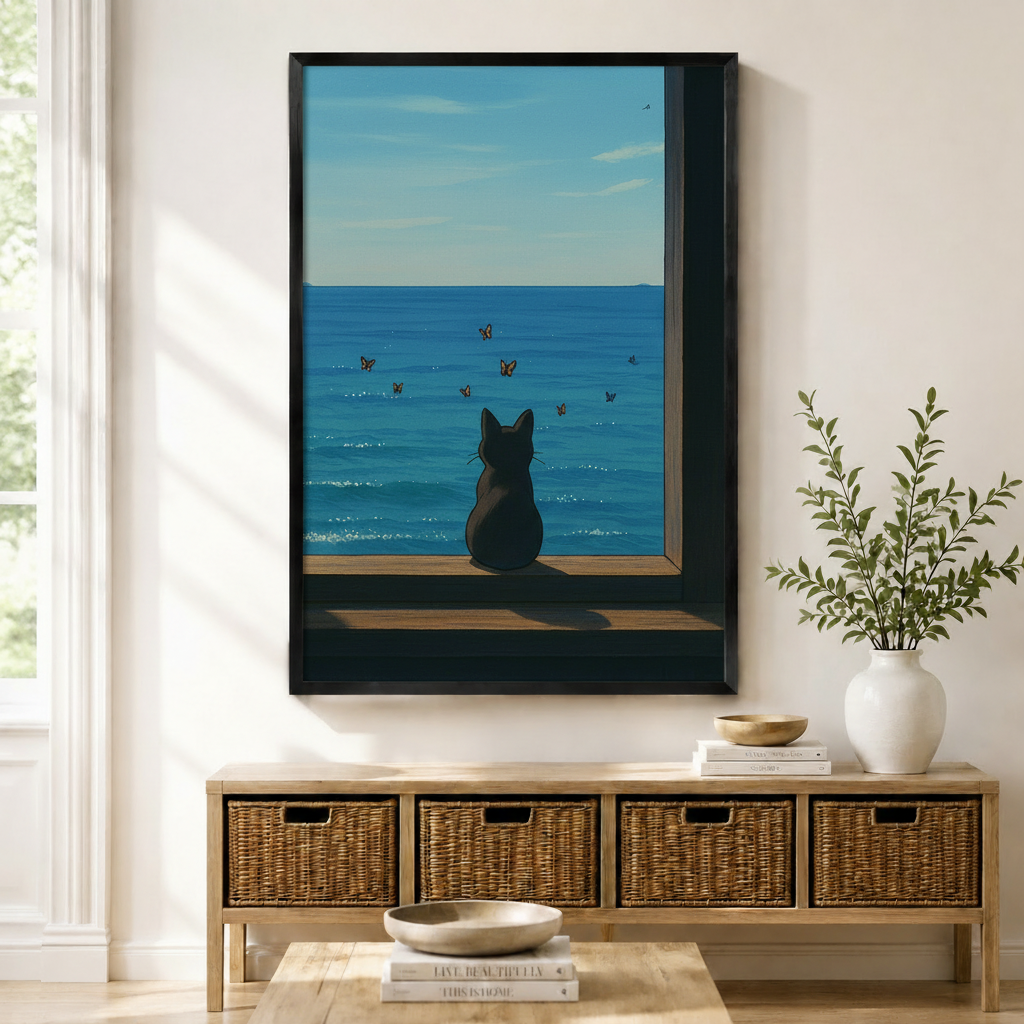 Framed black cat canvas wall art showing a cat sitting on a windowsill watching butterflies over the ocean, displayed above a rattan console in a bright entryway