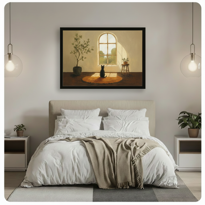 Black cat by sunlit arched window framed wall art print hanging above bed in serene minimalist bedroom with pendant lights