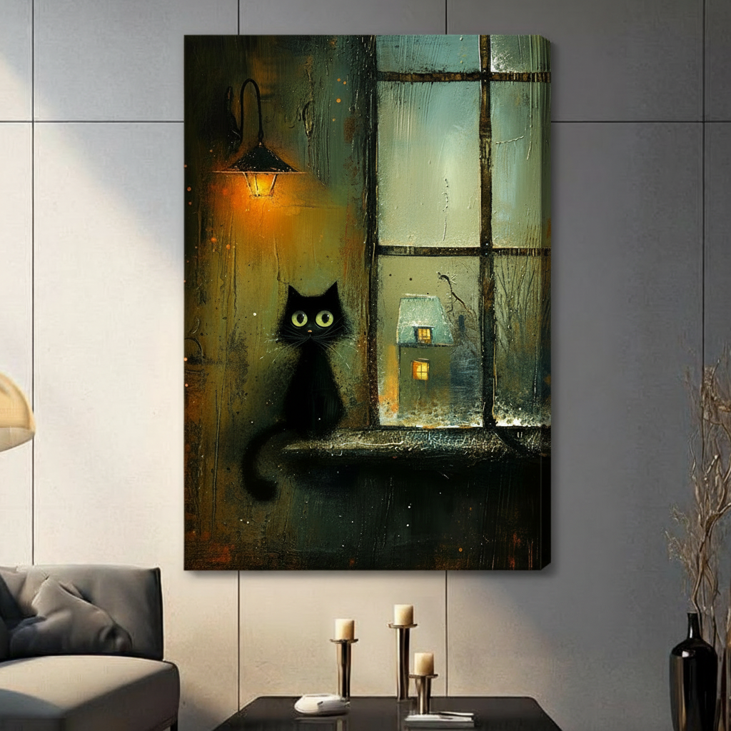 Canvas wrap print of a curious black cat perched on a rain-streaked windowsill with warm lantern glow and a snow-covered cottage outside, textured oil painting, hung in dark living room