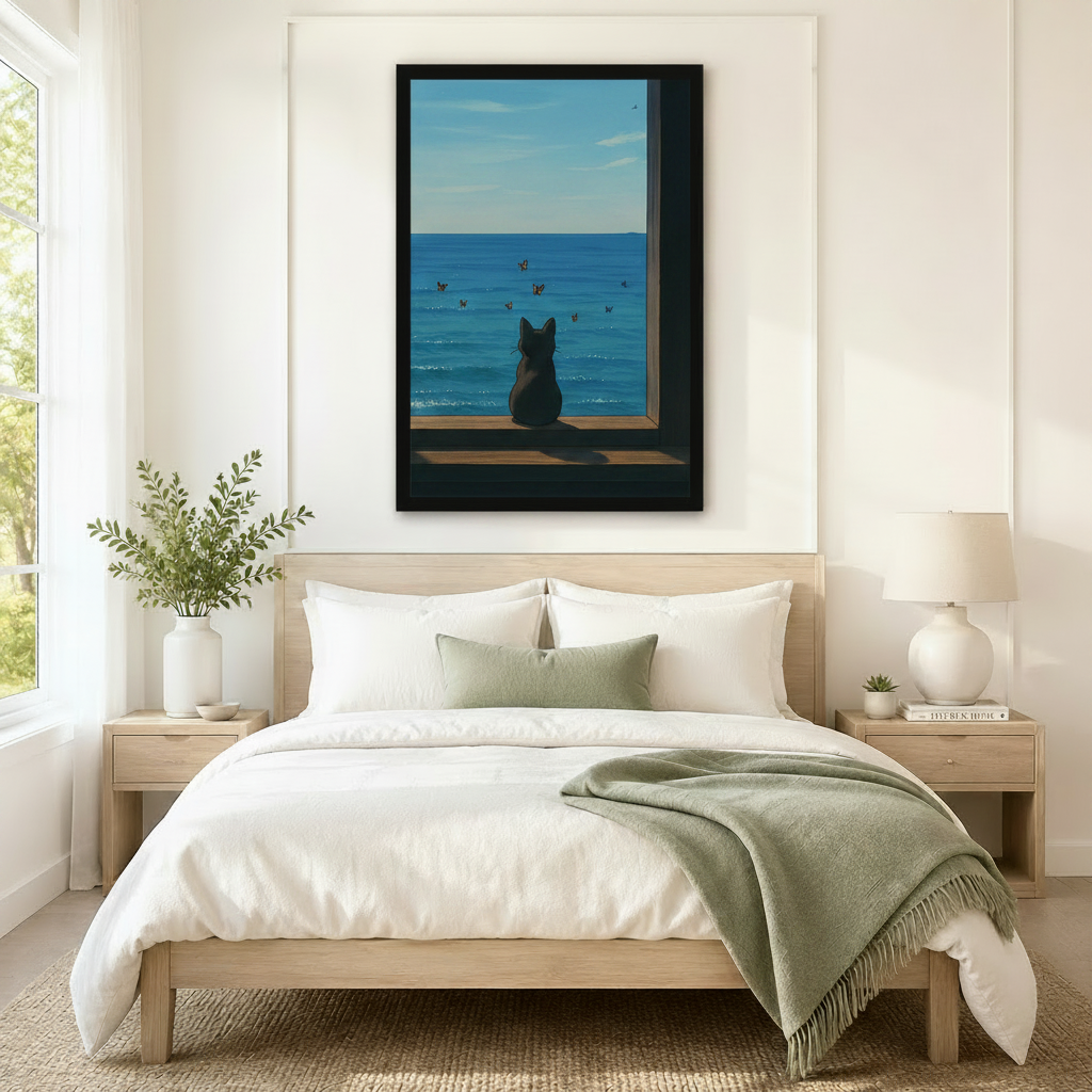 Black cat watching butterflies over the ocean framed canvas art above a neutral linen bed, adding a serene coastal accent to a minimalist Scandinavian bedroom