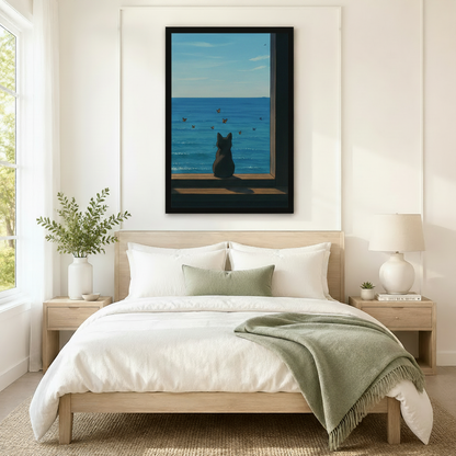 Black cat watching butterflies over the ocean framed canvas art above a neutral linen bed, adding a serene coastal accent to a minimalist Scandinavian bedroom