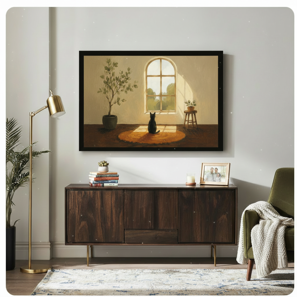 Cozy black cat arched window golden hour oil painting framed print above dark walnut sideboard in warm mid-century modern living room