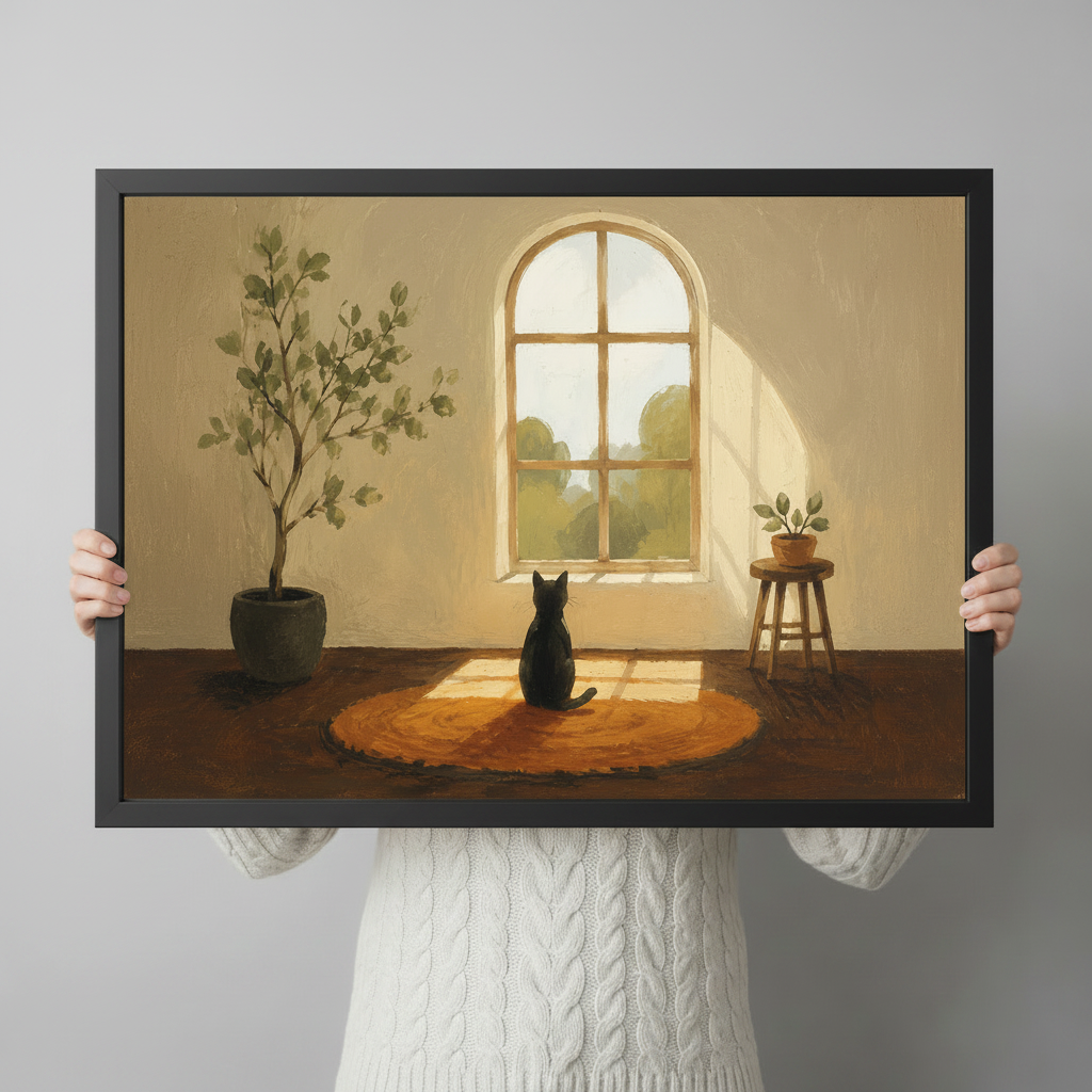 Person in white sweater holding black cat arched window sunlight oil painting black framed print showing size scale