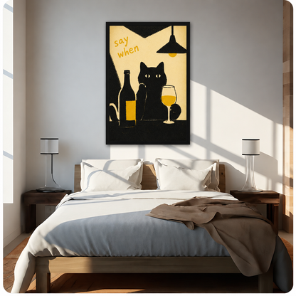 Black cat wine canvas wall art above a bed, showing a cat holding a golden drink against a warm yellow background
