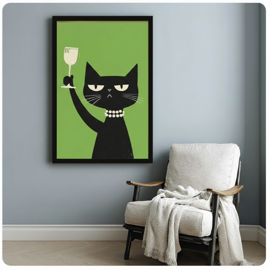 Black cat wine art framed poster with a grumpy cat toasting a glass of wine on a bright green background, styled next to a cozy reading chair