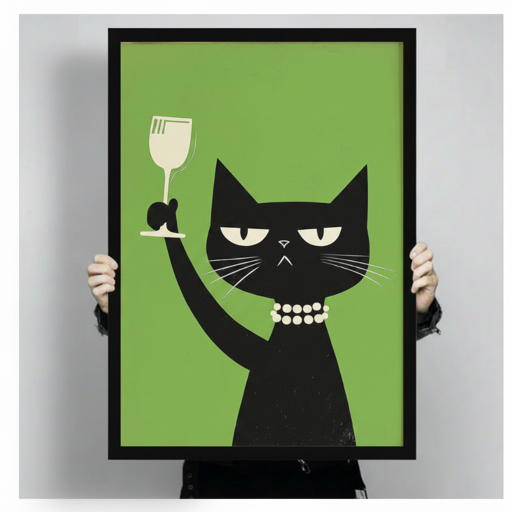 Close-up of a black cat wall art print showing a grumpy cat with pearl necklace raising a wine glass on a green background, held up to display frame and print detail