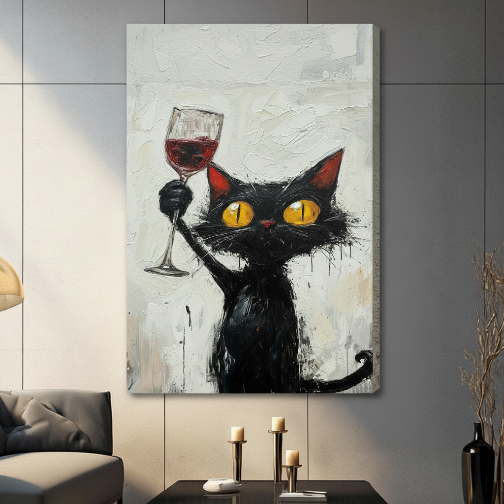 Gallery-wrapped canvas print featuring a scruffy black cat with vivid yellow eyes toasting with a red wine glass, thick impasto oil painting texture, hung on a gray living room wall
