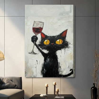 Gallery-wrapped canvas print featuring a scruffy black cat with vivid yellow eyes toasting with a red wine glass, thick impasto oil painting texture, hung on a gray living room wall