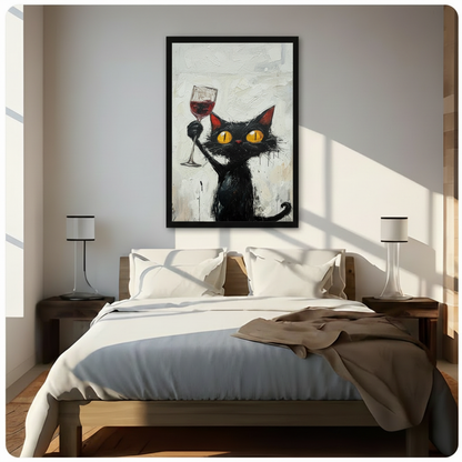 Framed impasto canvas art of a bold black cat with striking yellow eyes lifting a glass of red wine, hung above a bed as a statement piece in a bright minimalist bedroom