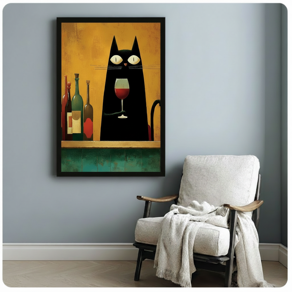 Black cat wine wall art held by hand in a bold black frame

