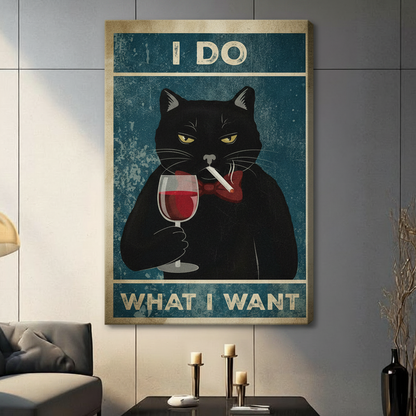 Funny black cat with wine glass retro poster in natural wood frame displayed on gray wall in modern living room