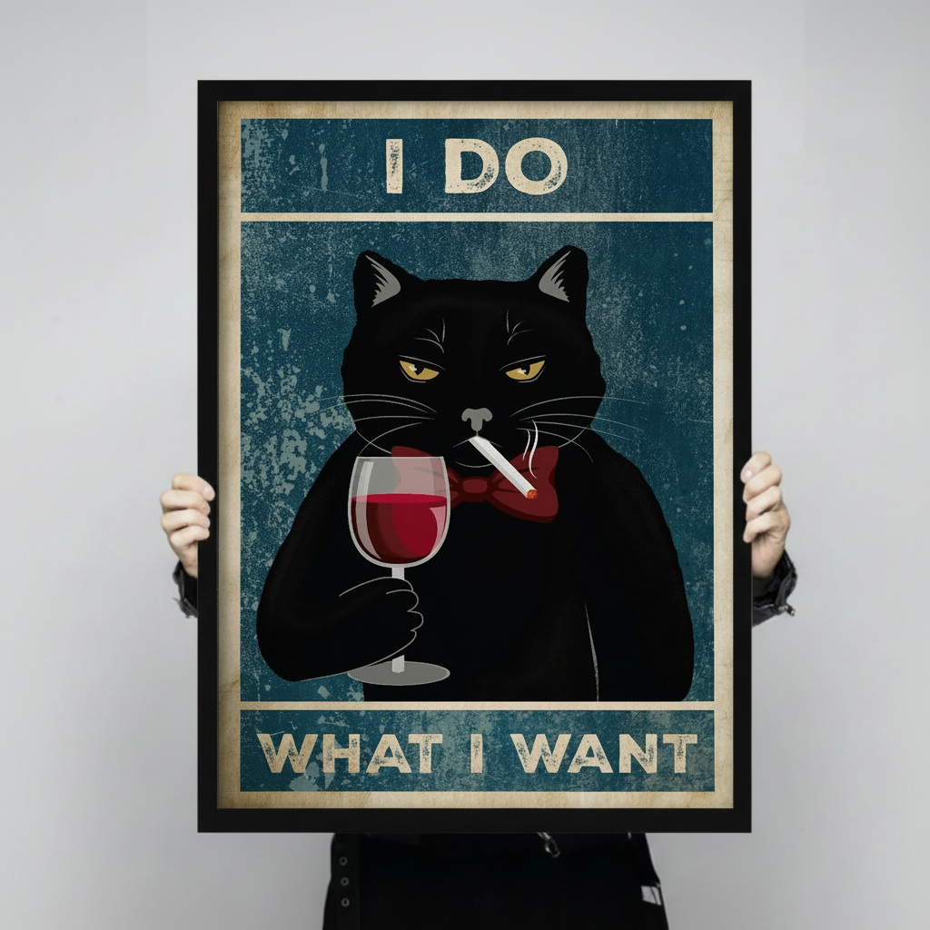 Close-up of black cat I do what I want retro poster in black frame held by hands showing full print detail