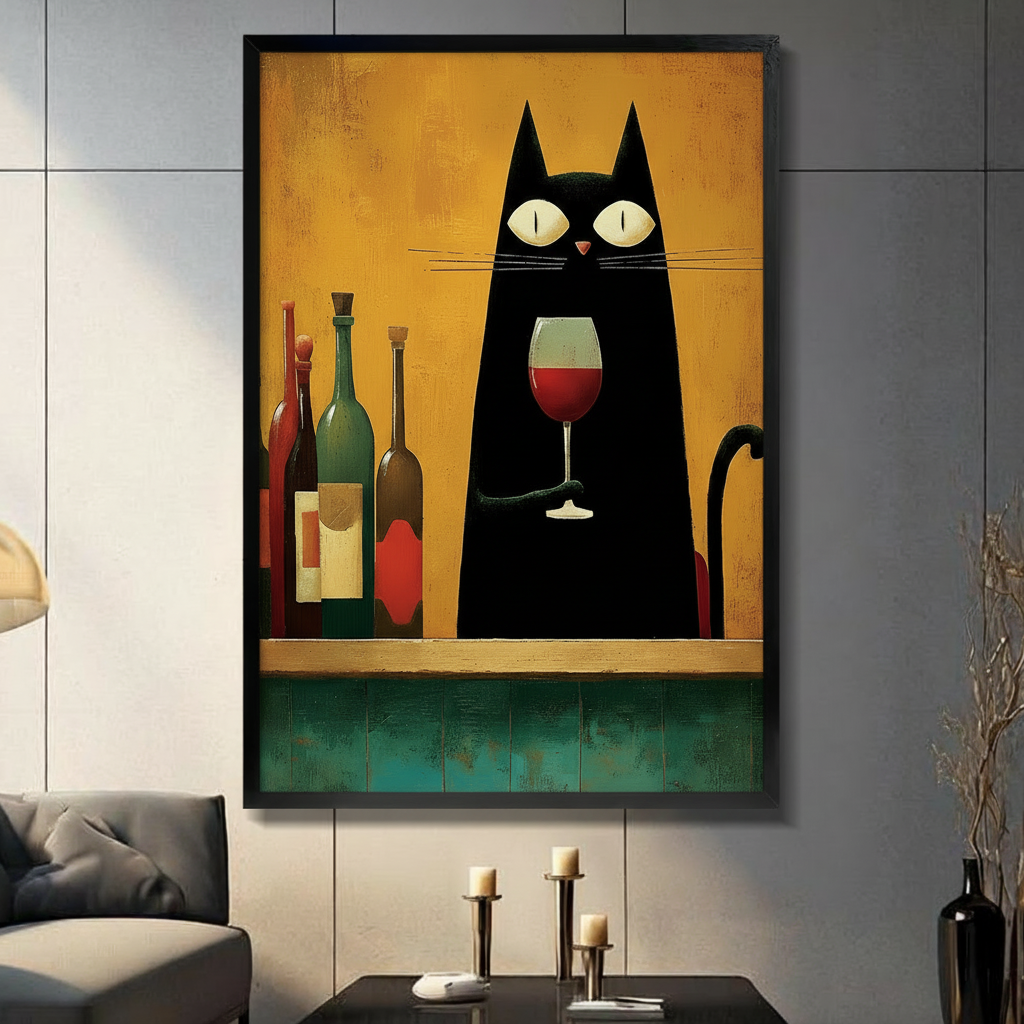 Black cat wine wall art displayed above a modern living room console
