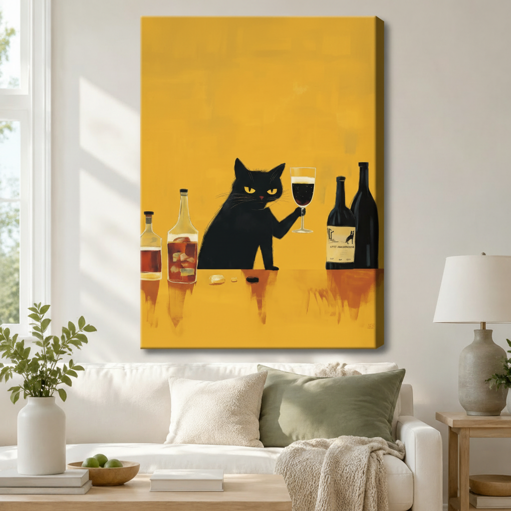 Gallery wrap canvas of black cat toasting red wine on bold yellow background hanging above white sofa with green throw pillows in modern living room