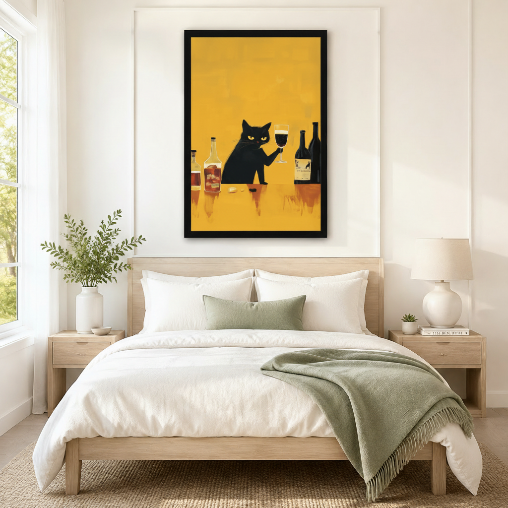 Bold yellow black cat wine wall art in black frame hanging above neutral linen king bed with wooden nightstands in minimalist American bedroom